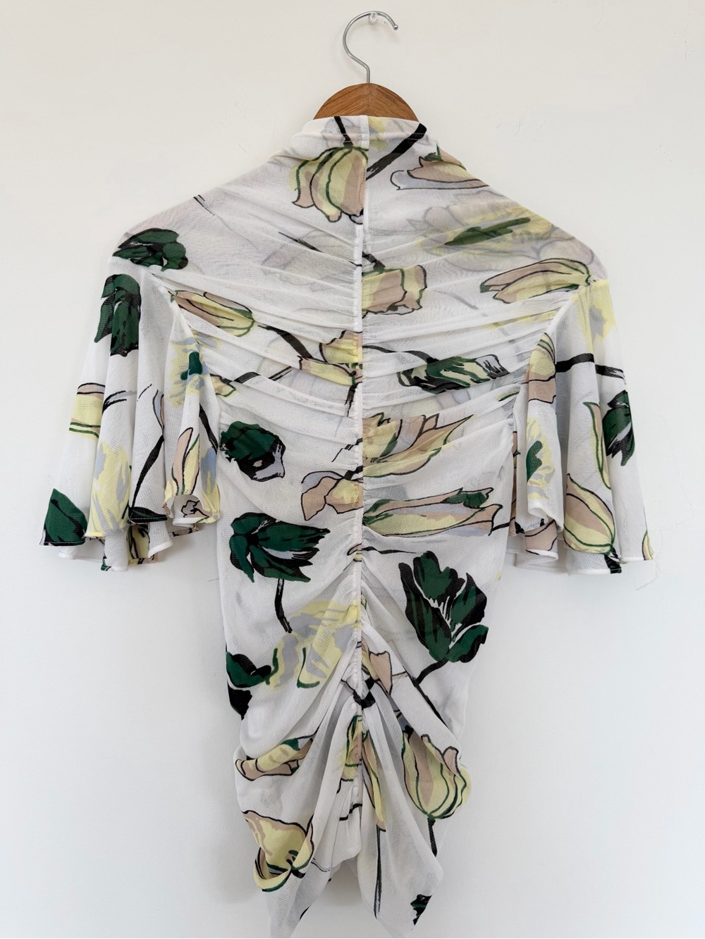Diane Von Furstenberg Floral Ruched White Mesh Mock Neck Women’s Top. Size XS